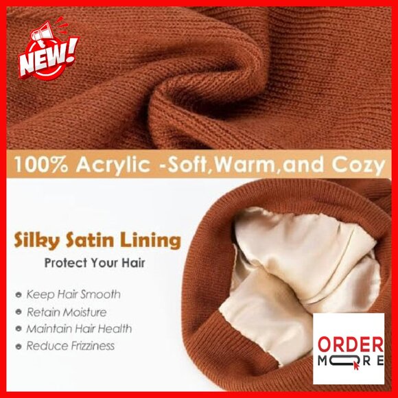 Satin Lined Winter Beanie Set, 3 Pack Silk Lined Soft Hats for Women - Picture 5 of 8